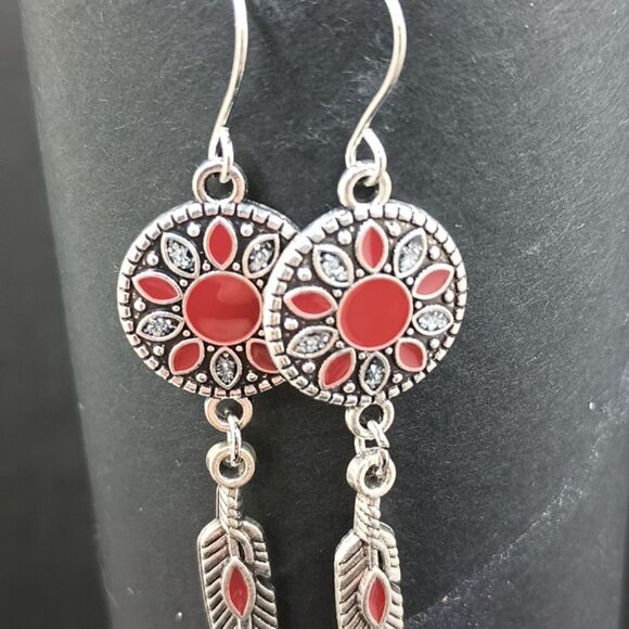 SILVER Boho flower with feather drop earrings ethnic - Picture 2 of 4
